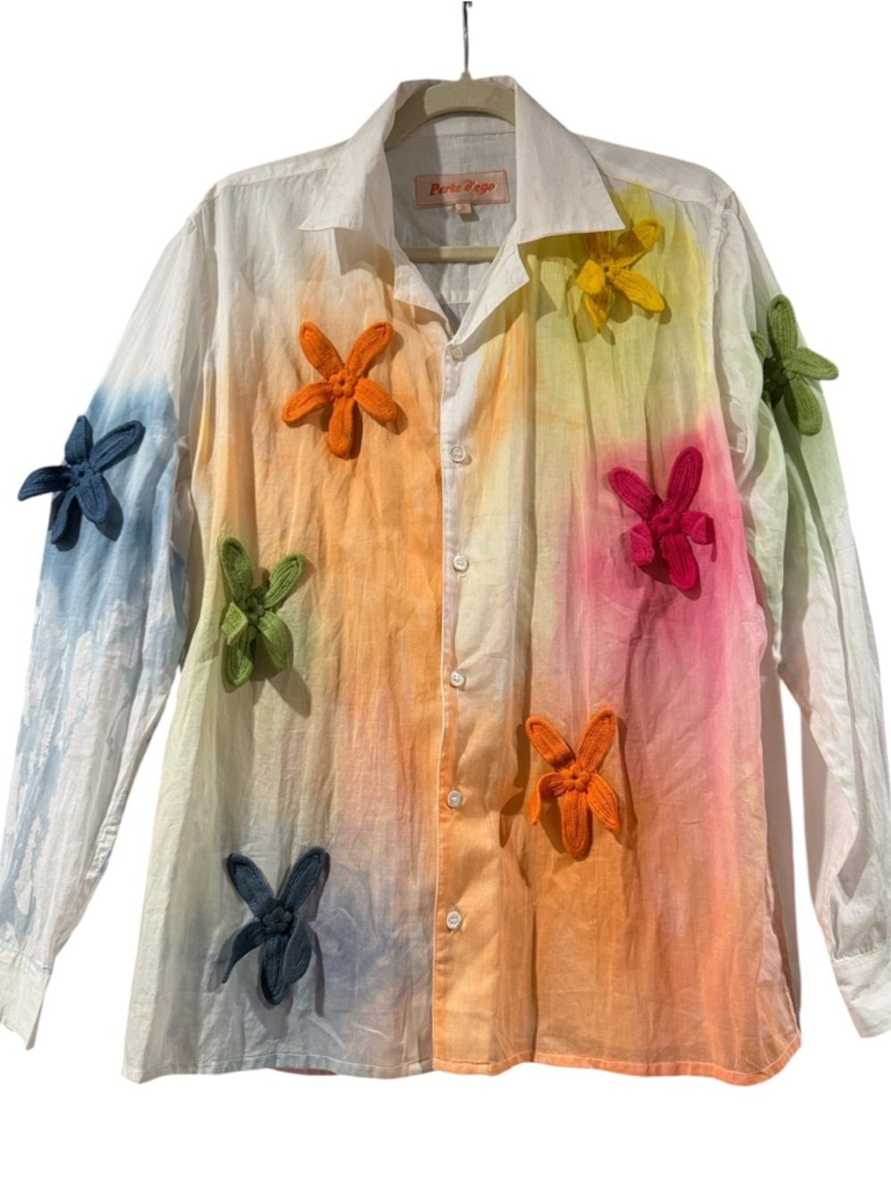 Porte d’ego Hand-Painted Shirt Crochet Flowers Statement Top Small NWT - Picture 2 of 5